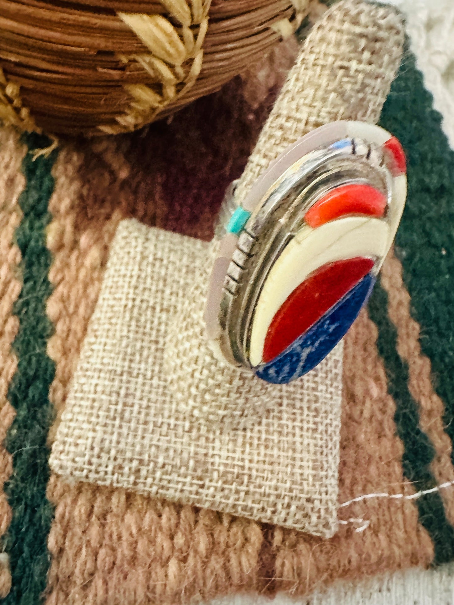 Old Pawn Handcrafted Multi Stone & Sterling Silver Inlay Adjustable Ring by Ken Romero