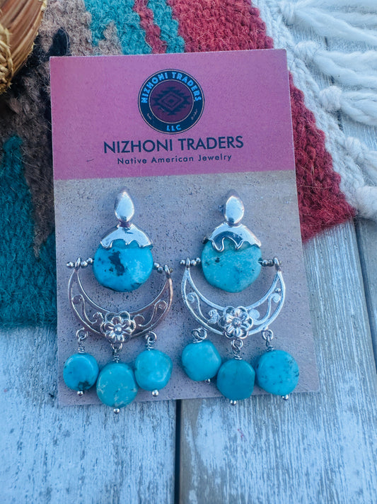 Handcrafted Turquoise & Sterling Silver Flower Dangle Earrings