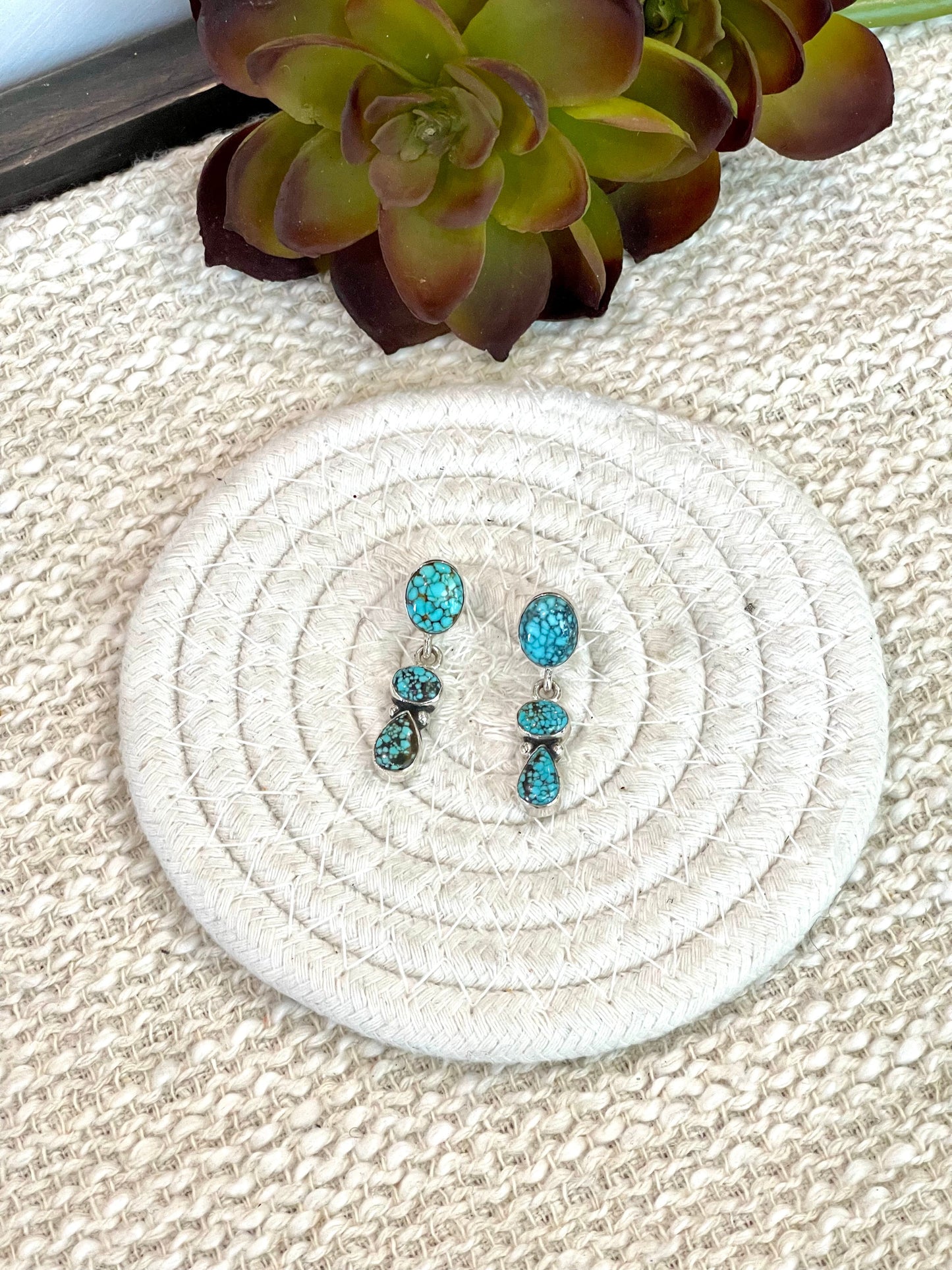 Handmade Sterling Silver Number 8 Turquoise Post Dangle Earrings Signed Nizhoni