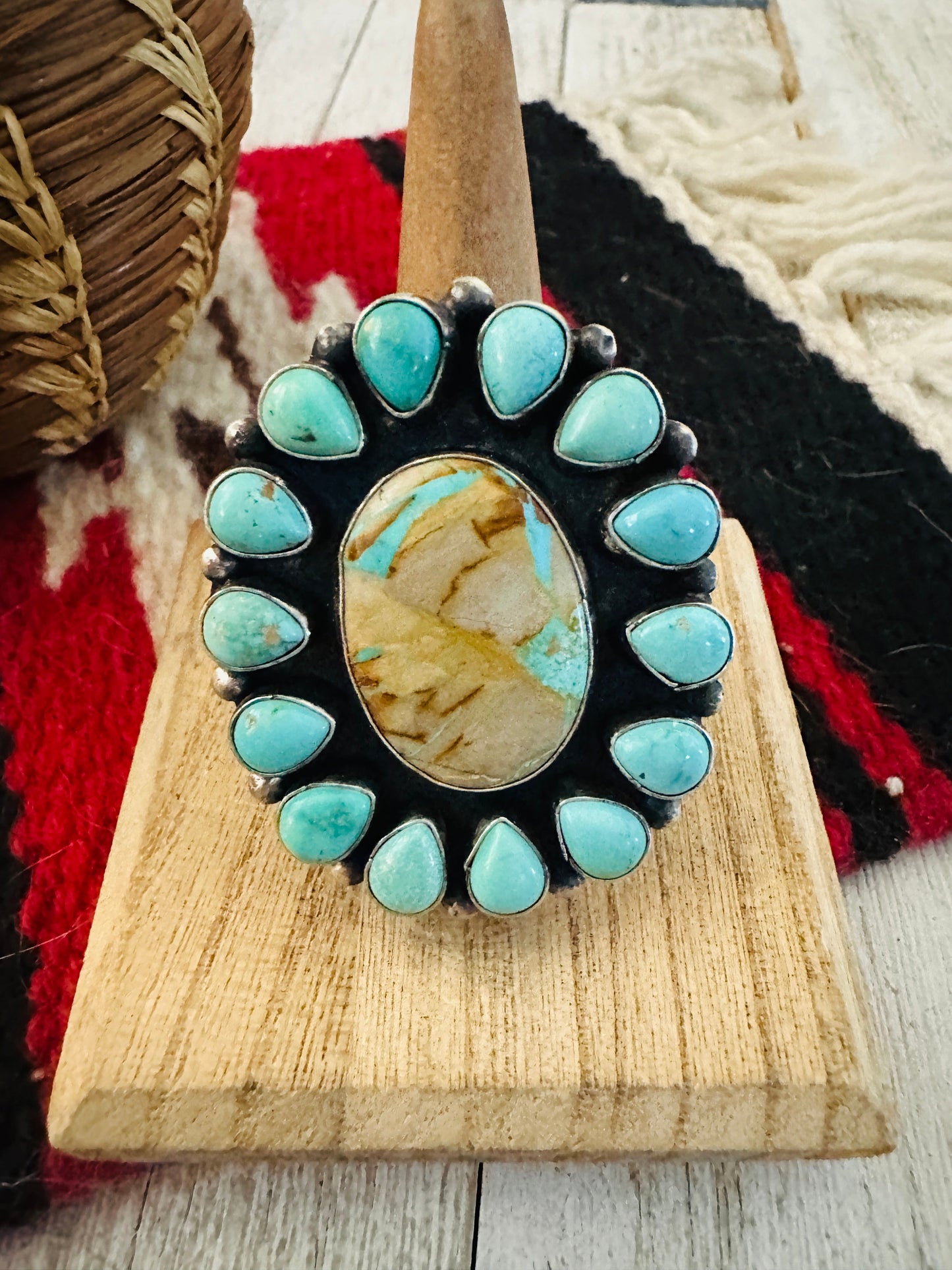 Handcrafted Ribbon Turquoise & Sterling Silver Cluster Ring Size 8