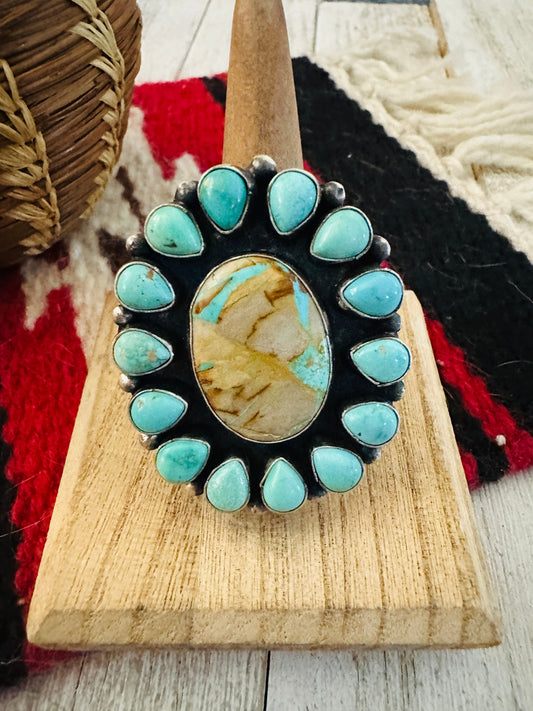 Handcrafted Ribbon Turquoise & Sterling Silver Cluster Ring Size 8