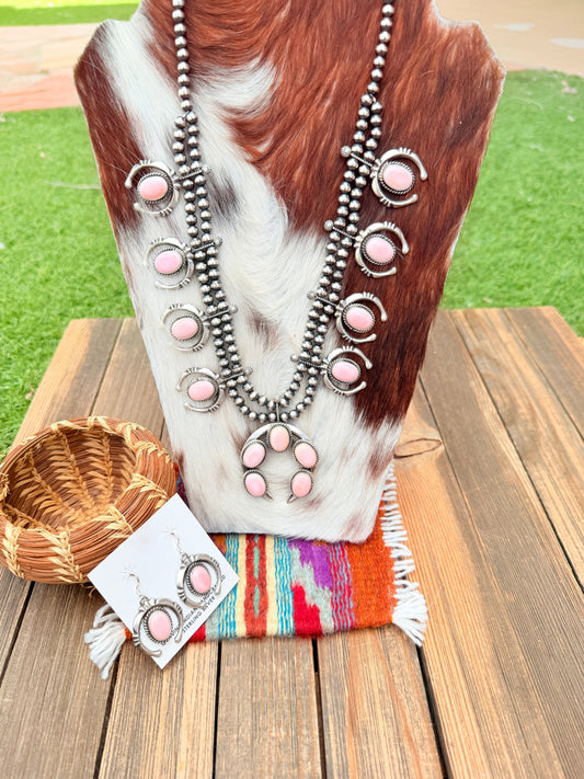 Handcrafted Sterling Silver & Queen Pink Conch Squash Blossom Necklace Set