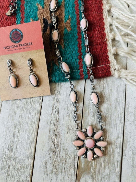 Navajo Queen Pink Conch & Sterling Silver Necklace Set