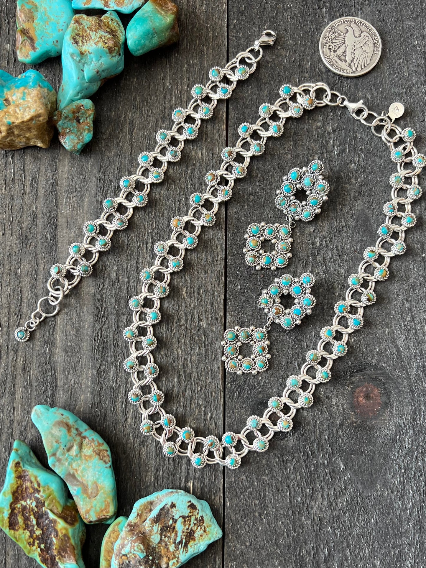 Handcrafted Sterling and Snake Eye Turquoise Link Necklace, Bracelet & Earrings by Dillon Cheama