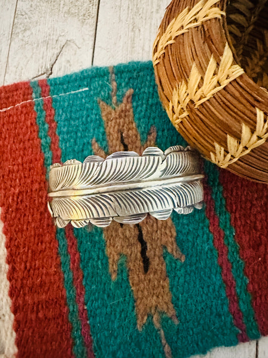 Handcrafted Hand Stamped Sterling Silver Feather Cuff Bracelet