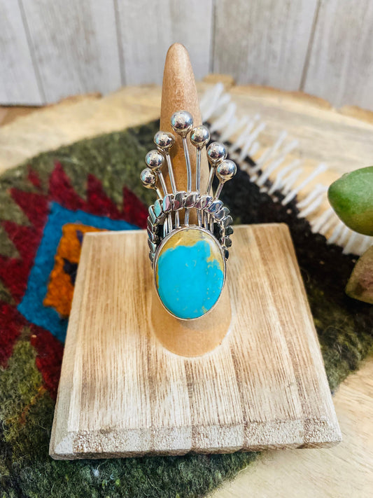 Handcrafted Royston Turquoise & Sterling Silver Crown Ring Size 7.5