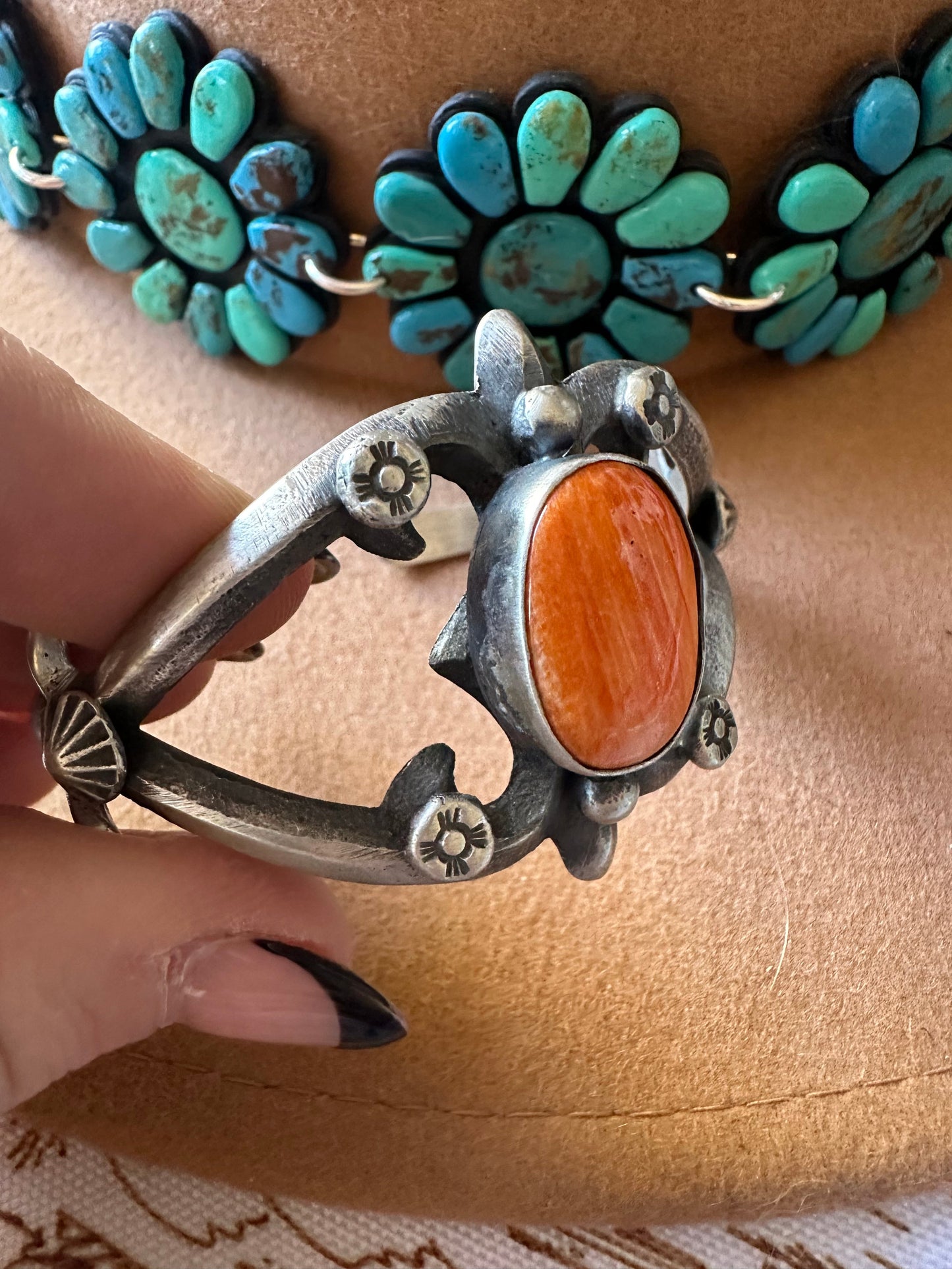 Handcrafted Single Stone Orange Spiny & Sterling Silver Cuff Bracelet by Chimney Butte