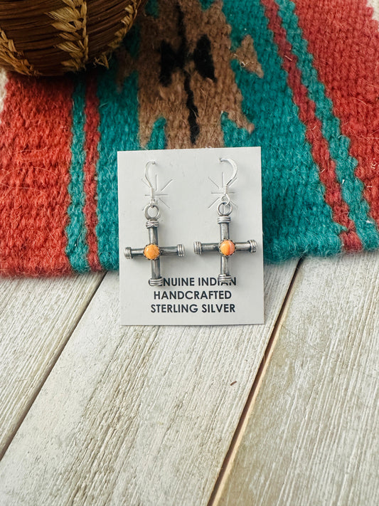 Handcrafted Sterling Silver & Orange Spiny Cross Dangle Earrings