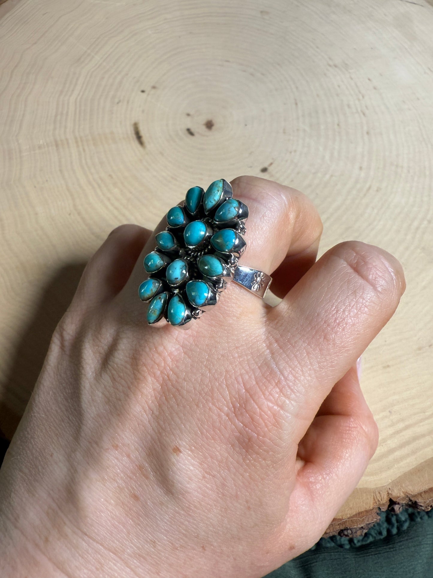 Handmade Kingman Turquoise & Sterling Adjustable Cluster Ring