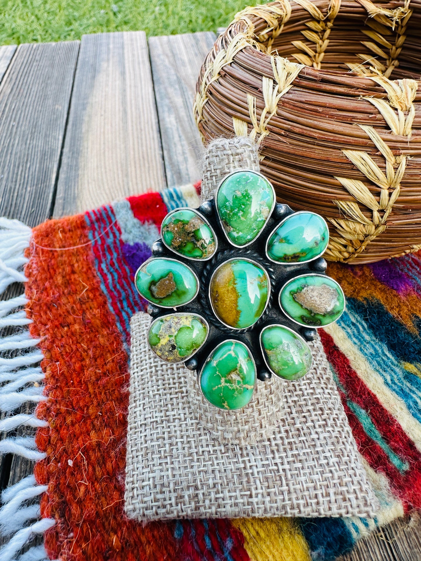 Handcrafted Sonoran Gold Turquoise & Sterling Silver Adjustable Cluster Ring by Elouise Richards