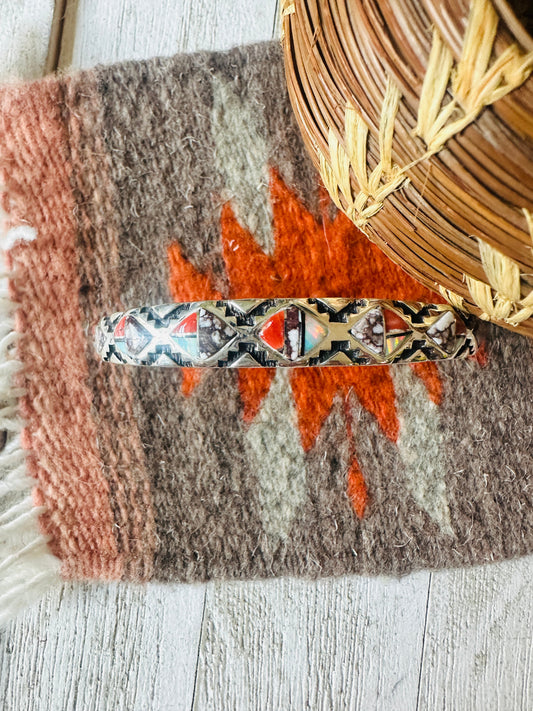 Handcrafted Multi Stone & Sterling Silver Inlay Cuff Bracelet