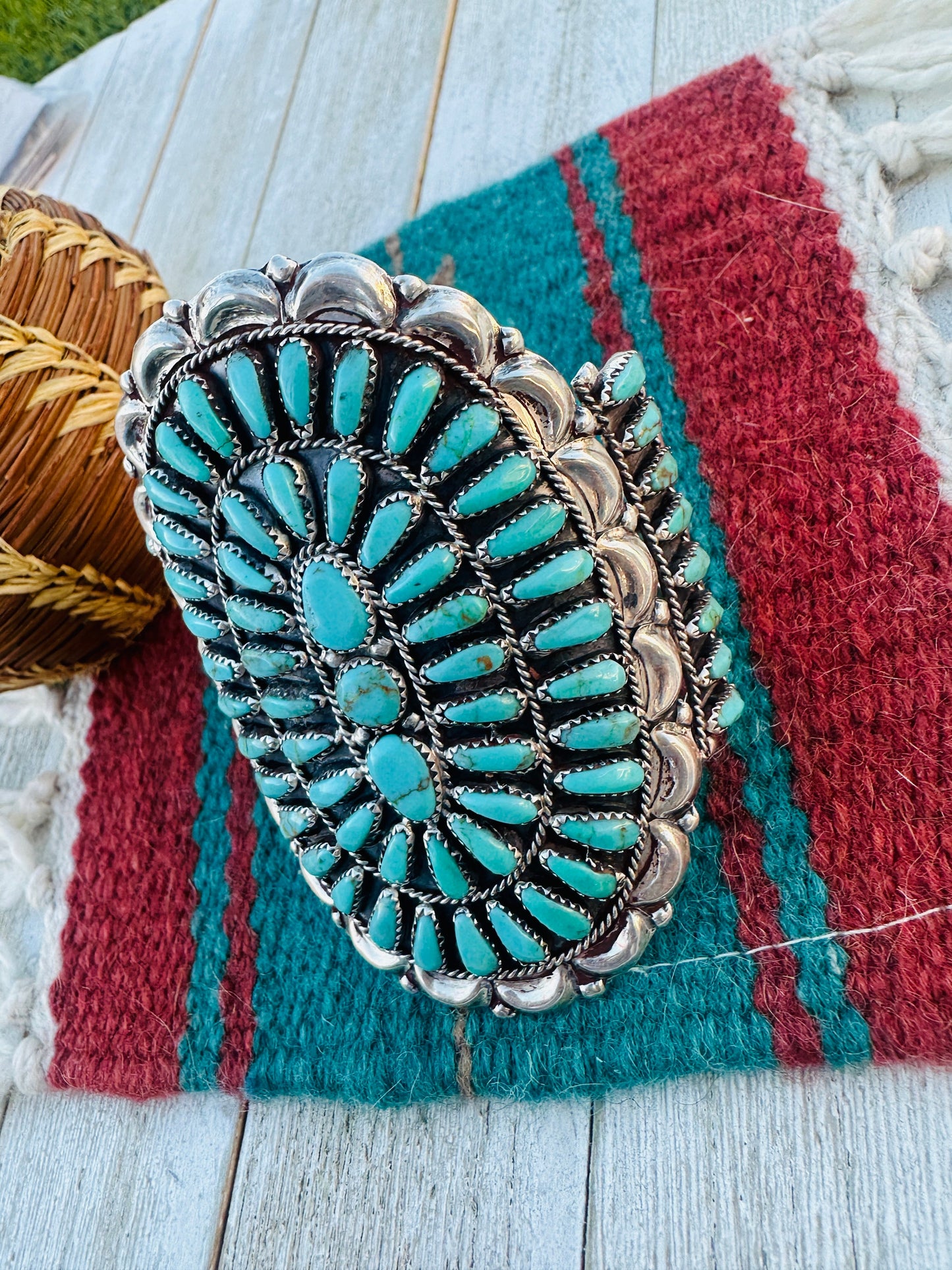 Handcrafted Old Pawn Sterling Silver & Kingman Turquoise Cluster Cuff Bracelet