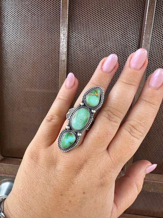Handcrafted Sonoran Gold Turquoise & Sterling Silver 3 Stone Ring Size 7 Signed