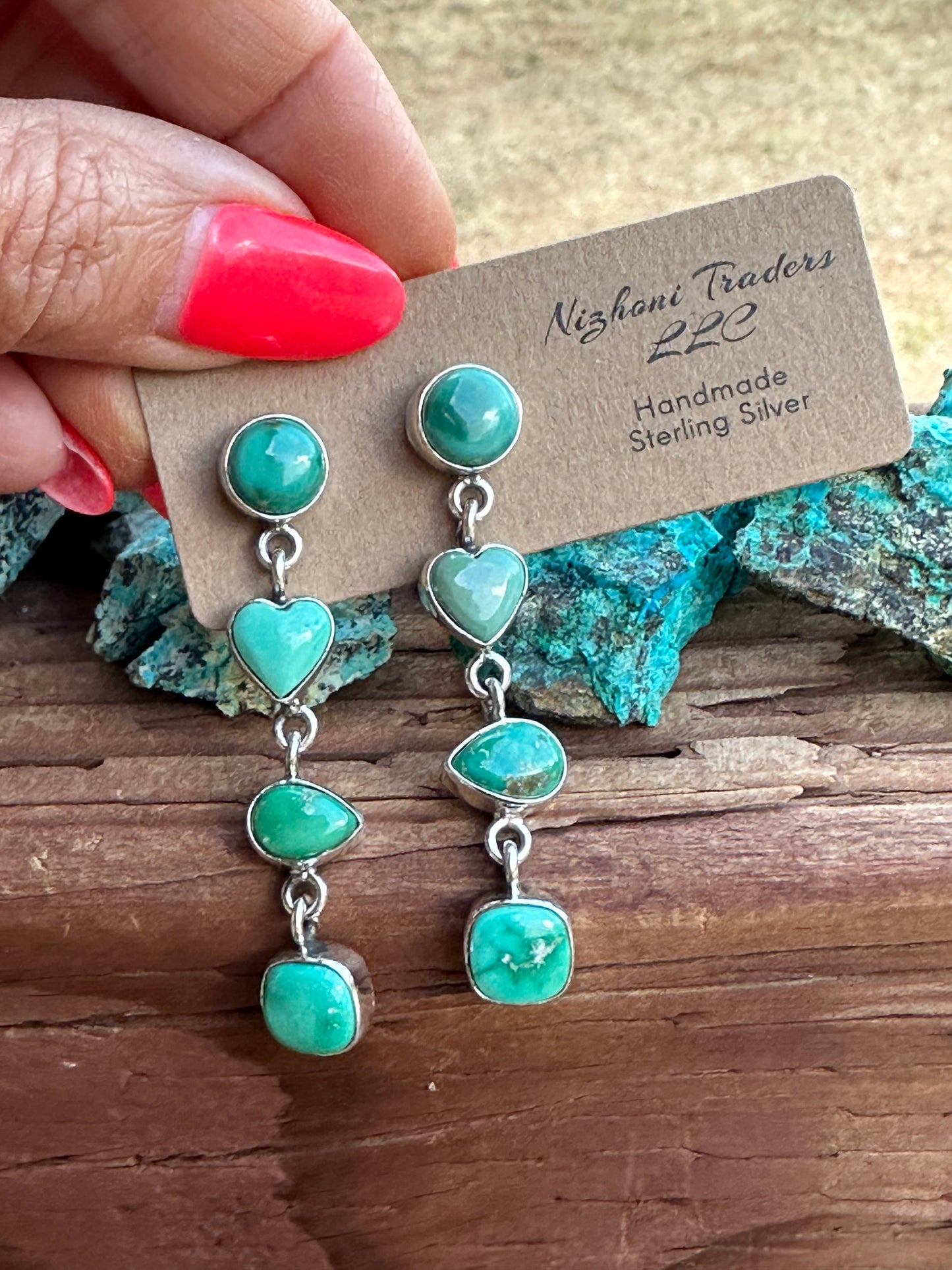Handmade Emerald Valley Turquoise heart and Sterling Silver 4 Stone Dangles