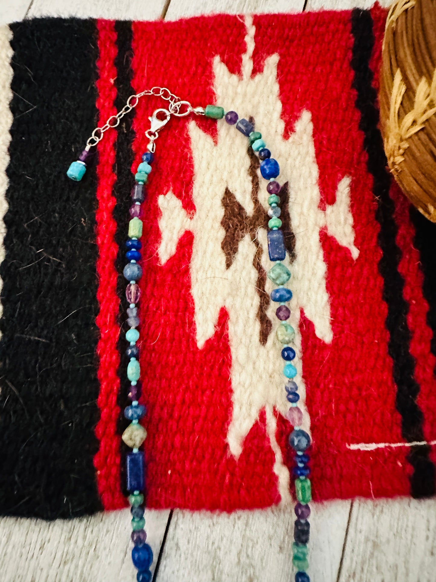 Handcrafted Multi Stone & Sterling Silver Pearl Beaded 17”Necklace w/ 3” extender