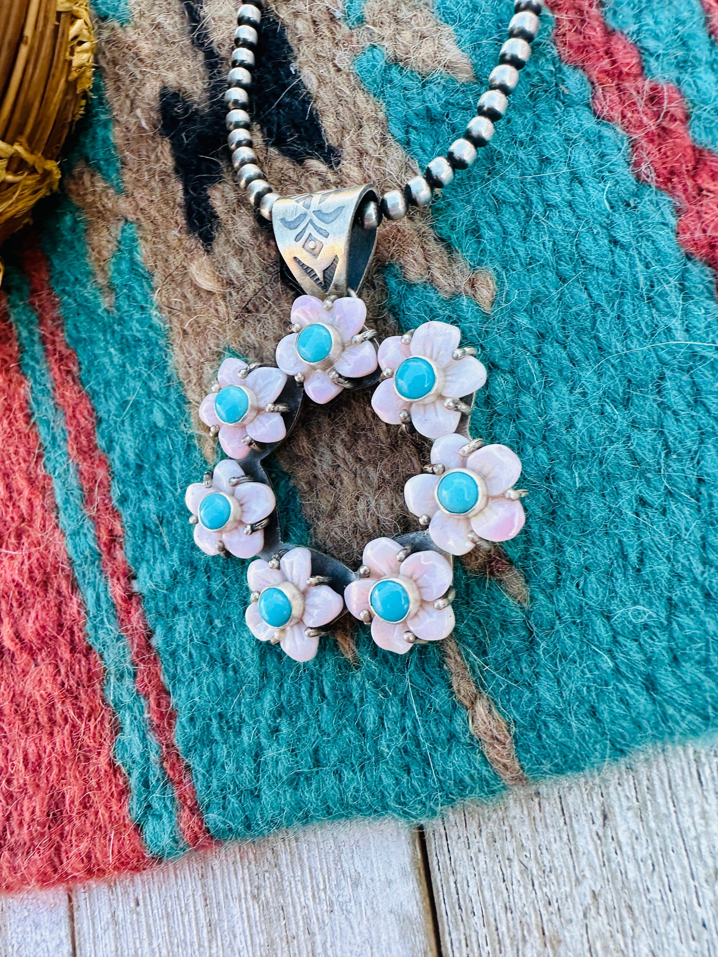 Handcrafted Sterling Silver, Queen Pink Conch & Turquoise Flower Pendant