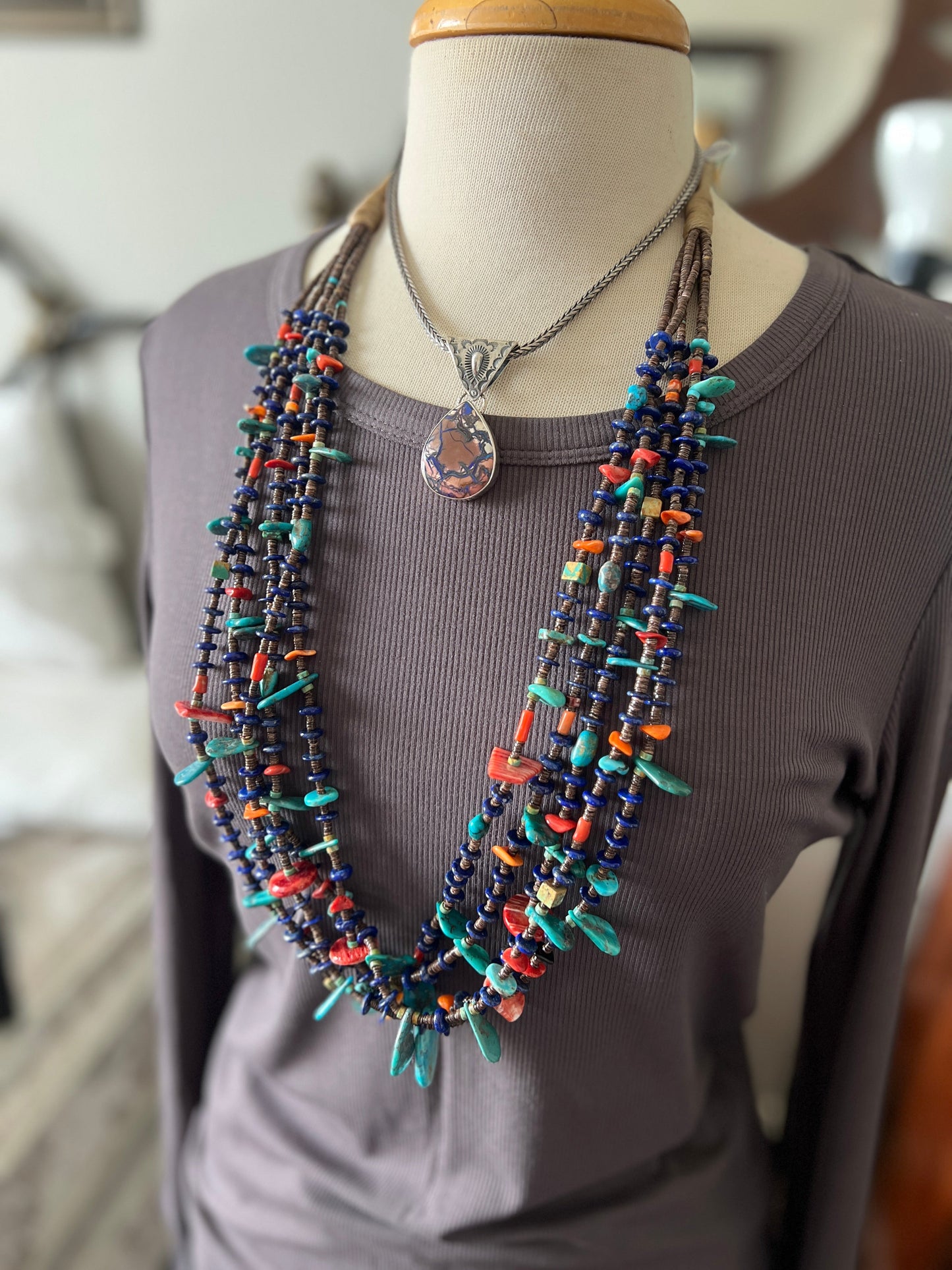 Gorgeous Handcrafted Made Five Strand Lapis, Spiny Oyster and Turquoise Beaded Squaw Wrap Necklace with Tabs by Daniel Coriz