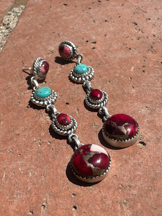 Dahlia Rose & Turquoise Handmade Sterling Silver 4 Stone Dangles