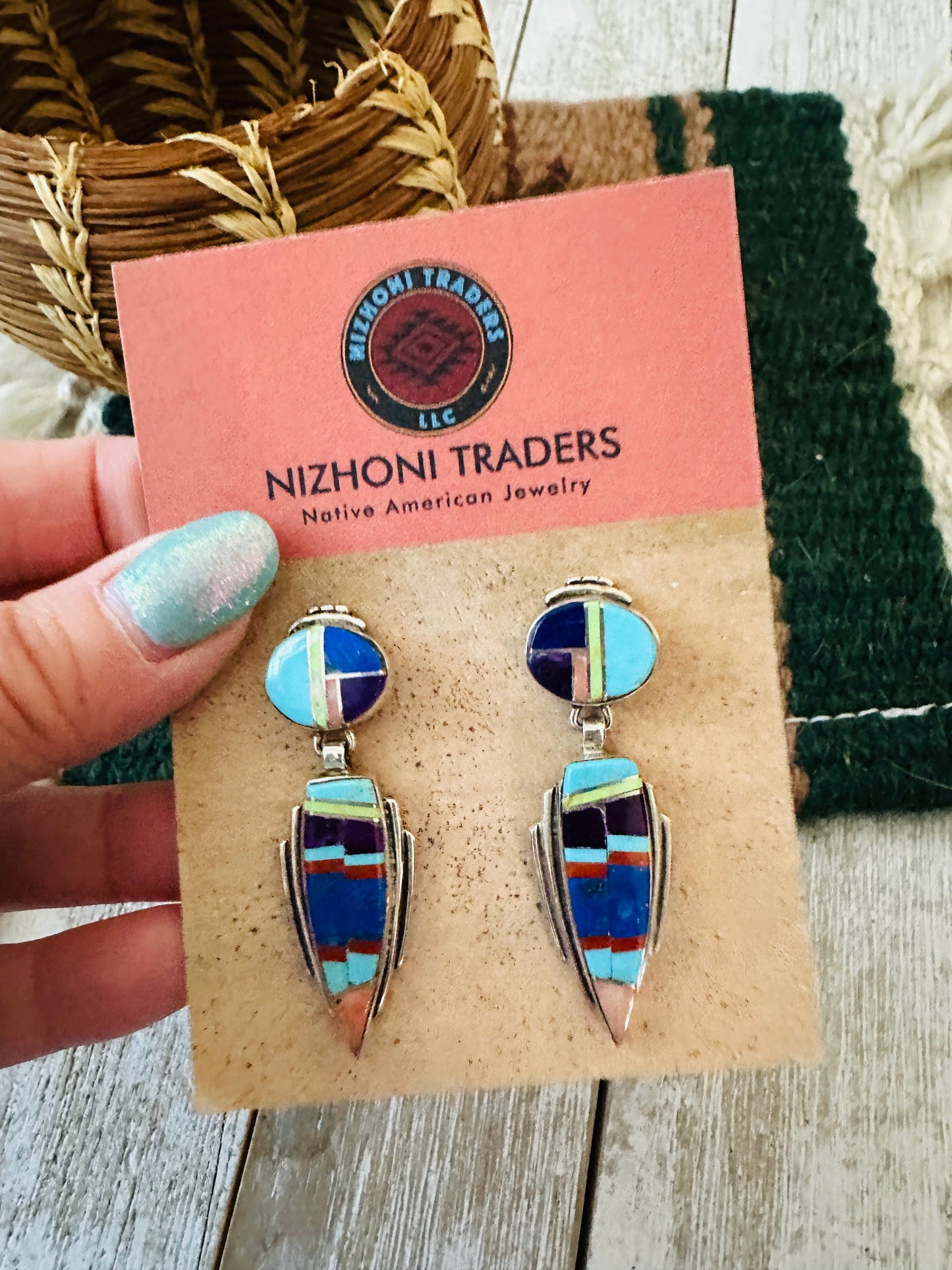 Old Pawn Handcrafted Sterling Silver & Multi Stone Inlay Dangle Earrings