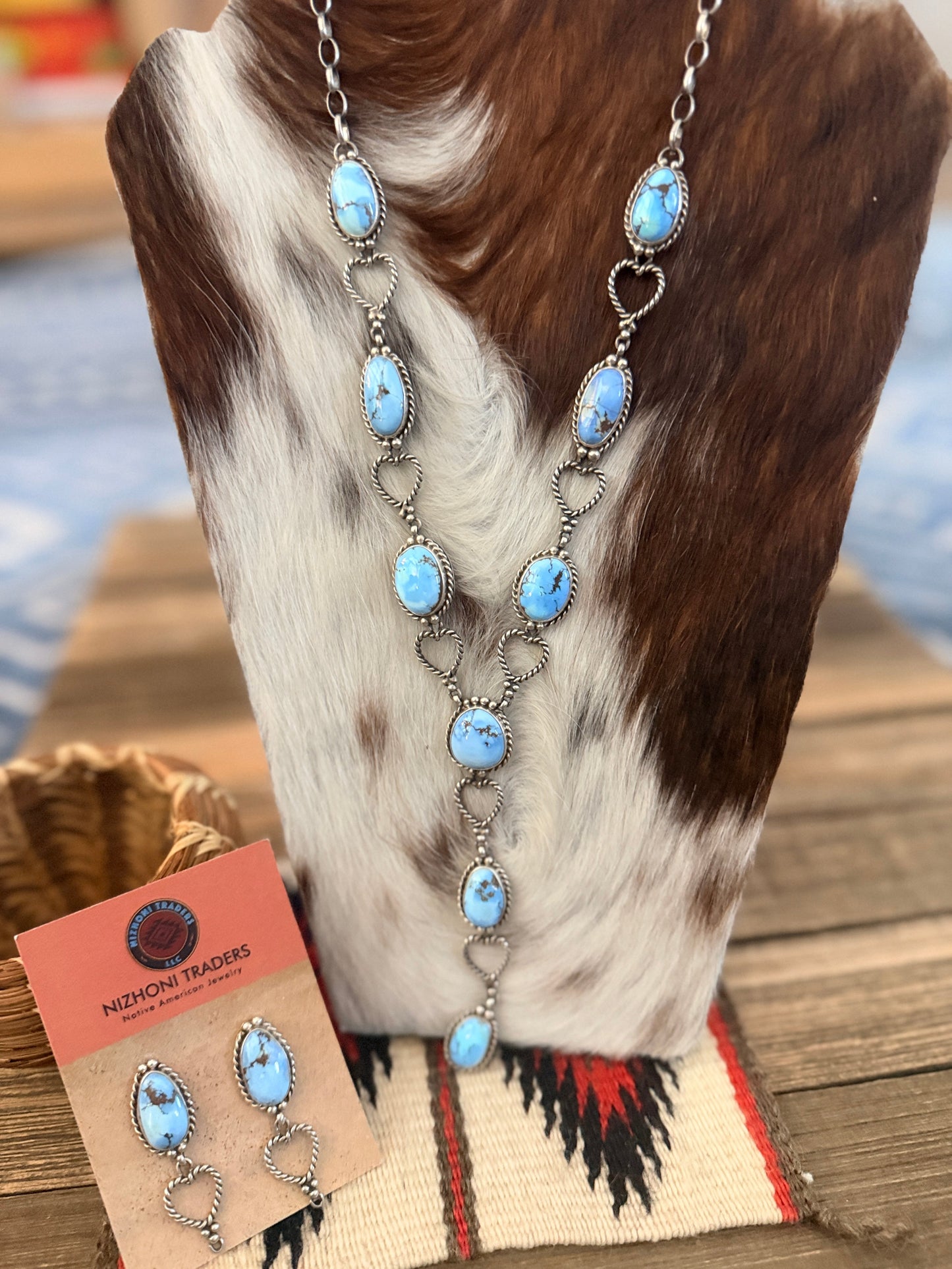 Handcrafted Golden Hills Turquoise & Sterling Silver Heart Necklace and Earring Set by Larry Kaye