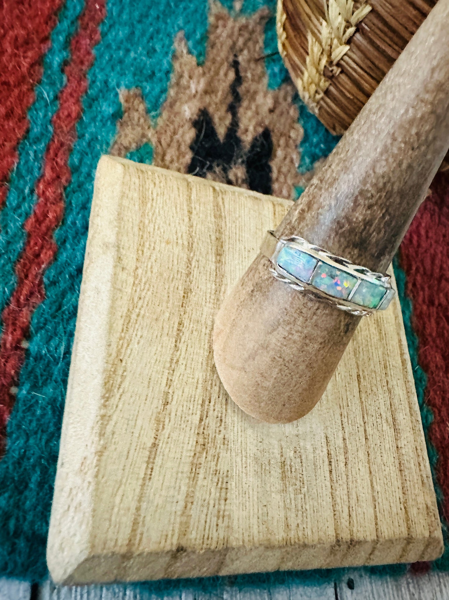 Handcrafted Sterling Silver & White Opal Inlay Band Ring