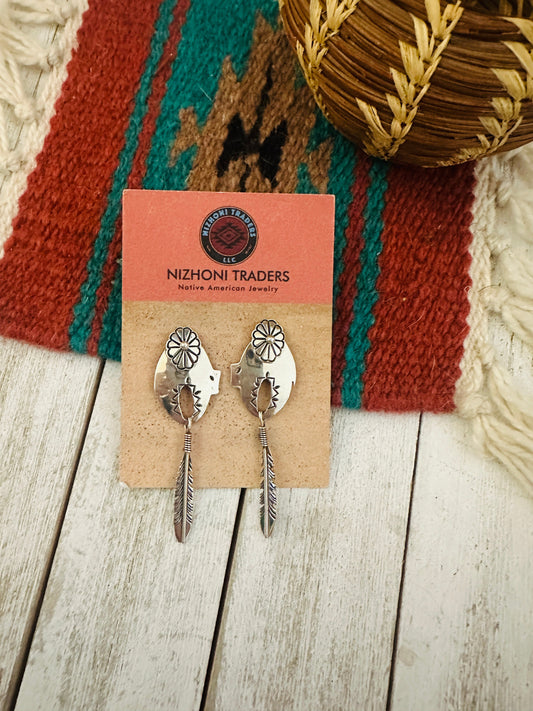 Handcrafted Concho Sterling Silver Feather Dangle Earrings