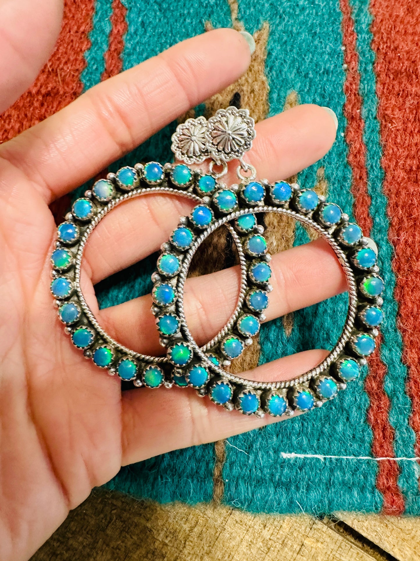 Handmade Blue Opal & Sterling Silver Dangle Hoop Earrings Signed Nizhoni