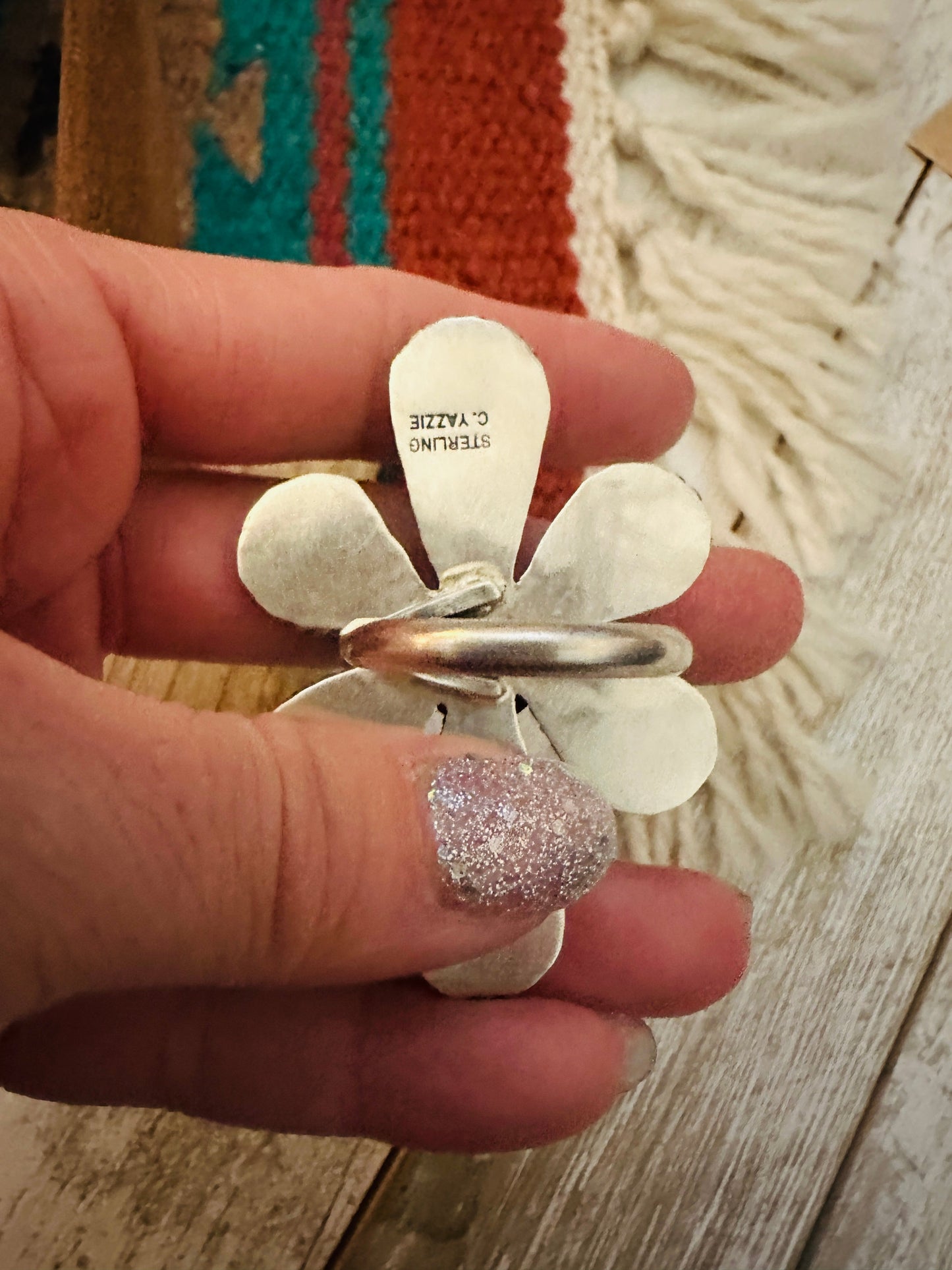 Navajo Sterling Silver And White Buffalo Adjustable Flower Ring