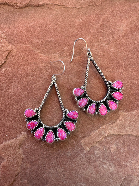 Handmade Sterling Silver & Hot Pink Fire Opal Dangle Earrings