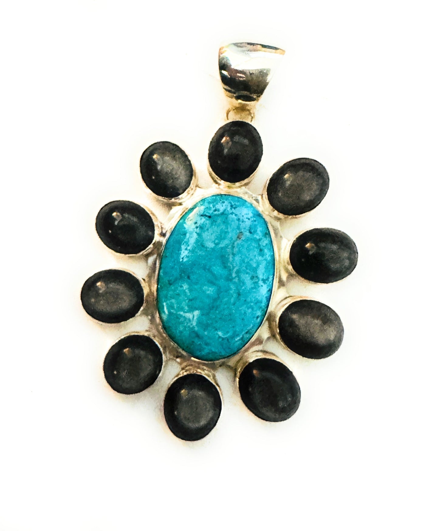 Handcrafted Black Abalone, Turquoise & Sterling Silver Cluster Pendant