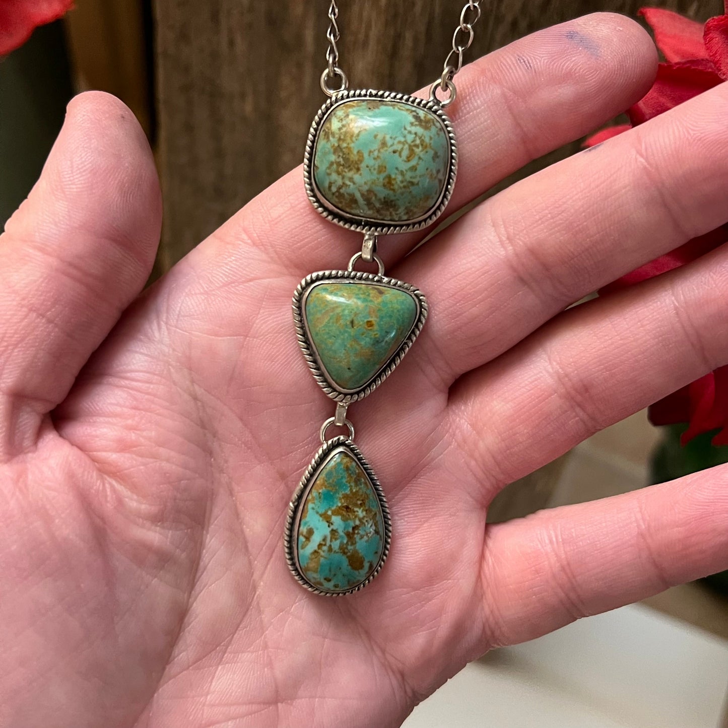 Handmade 3 Stone Turquoise & Sterling Silver Drop Necklace (06)