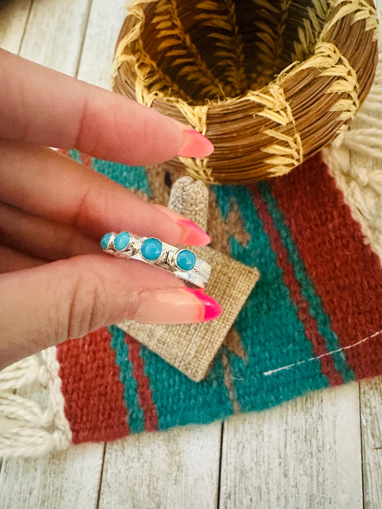 Handcrafted Turquoise & Sterling Silver Band Ring Size 8.5