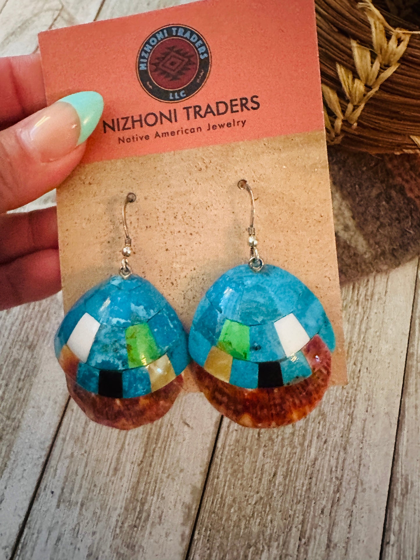 Handcrafted Multi Stone Inlay Shell Dangle Earrings