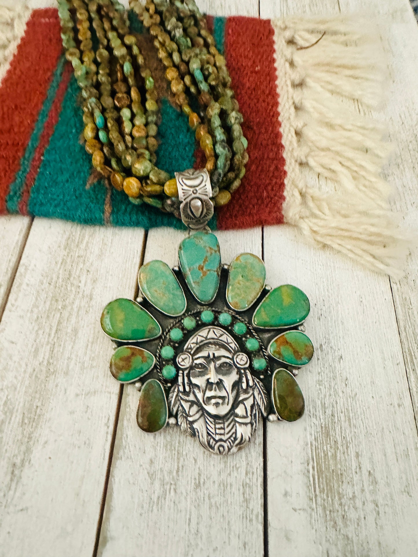 Stunning Handcrafted Sterling Silver & Royston Turquoise Indian Chief Beaded Necklace