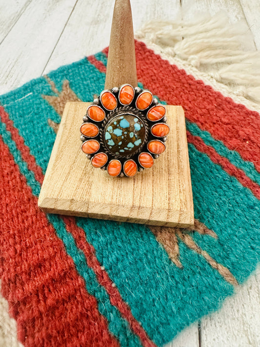 Handcrafted Sterling Silver, Orange Spiny & Turquoise Cluster Adjustable Ring