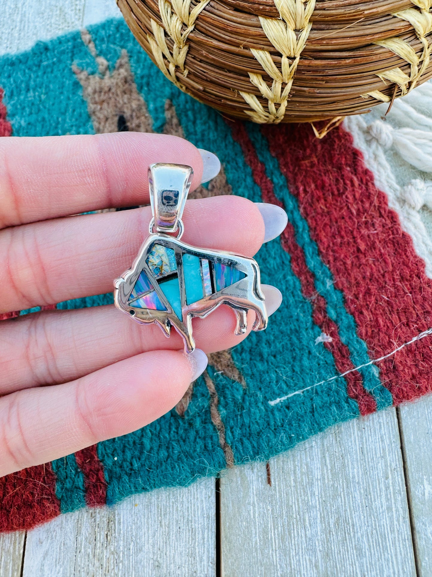 Handcrafted Sterling Silver, Turquoise and Opal Inlay Buffalo Pendant
