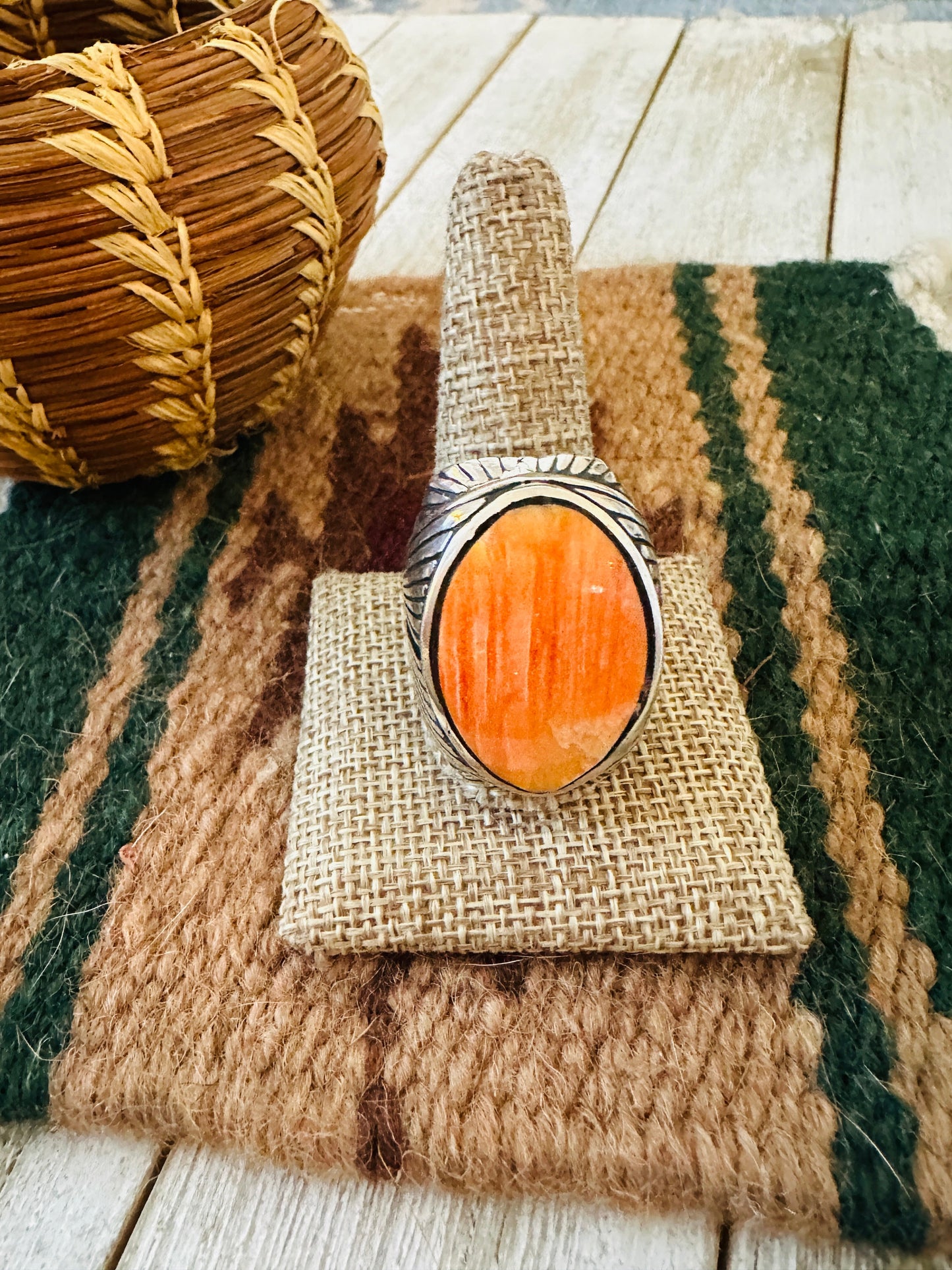 Handcrafted Old Pawn Sterling Silver & Orange Spiny Men’s Ring Size 12