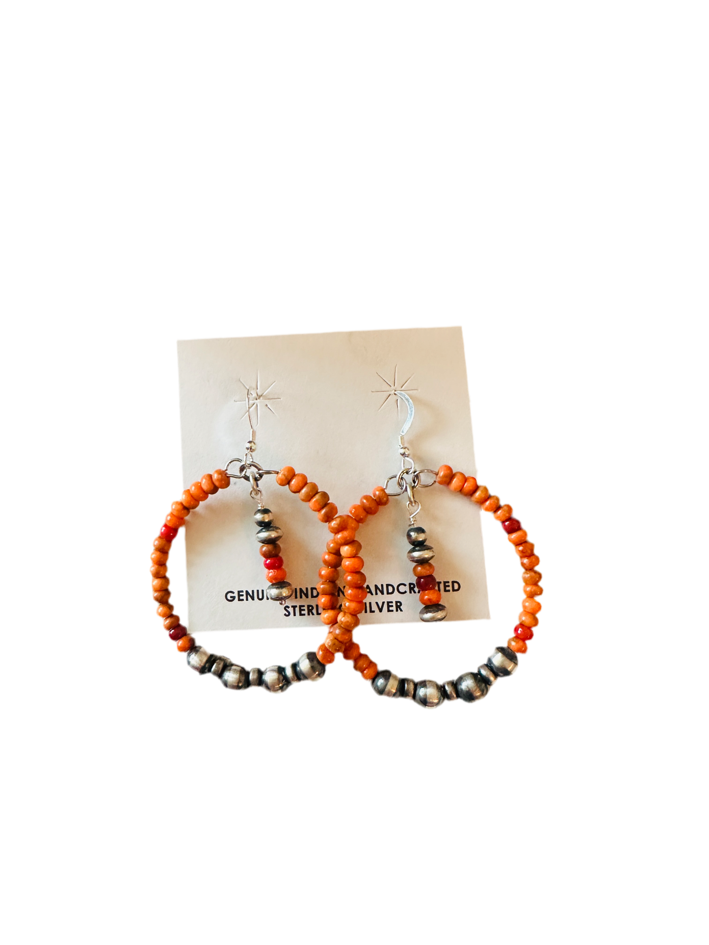 Handcrafted Orange Spiny & Sterling Silver Pearl Beaded Hoop Earrings