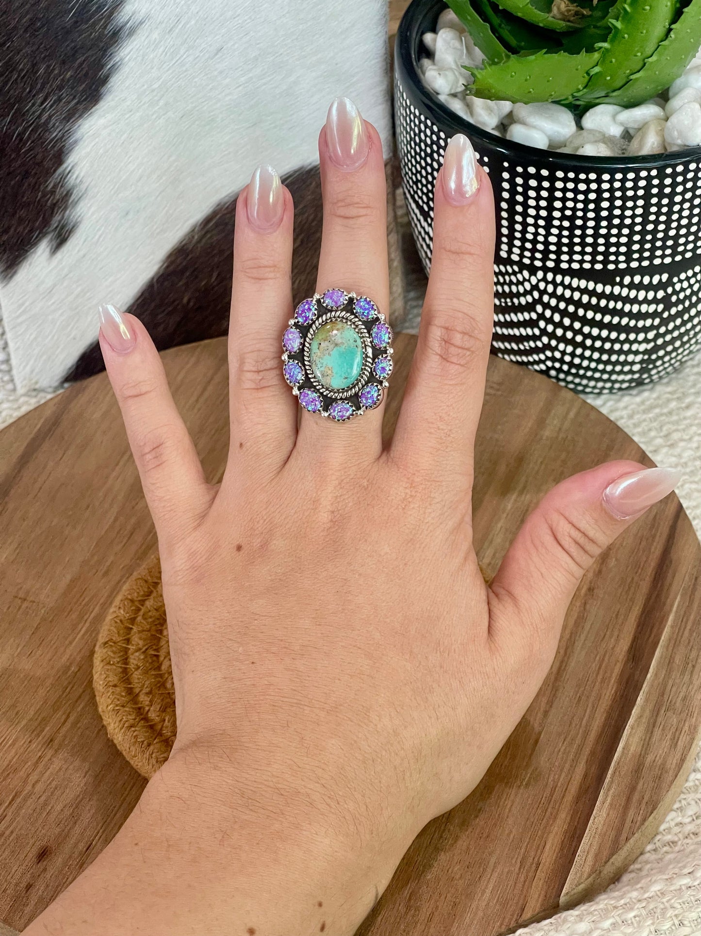 Handmade Sterling Silver, Royston & Purple Fire Opal Adjustable Ring