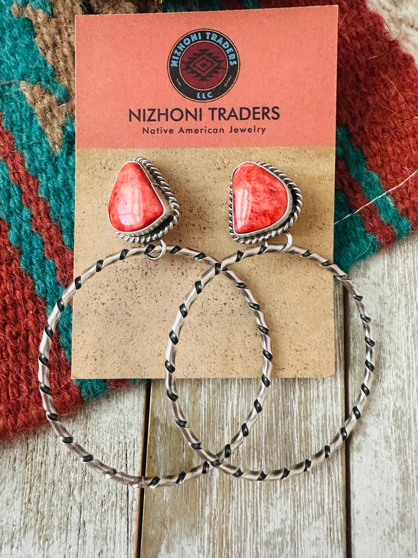 Handcrafted Orange Spiny and Sterling Silver Dangle Hoop Earrings