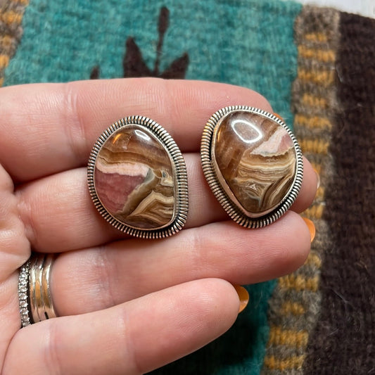 Handcrafted Sterling Silver & Rhodochrosite Stone Post Earrings