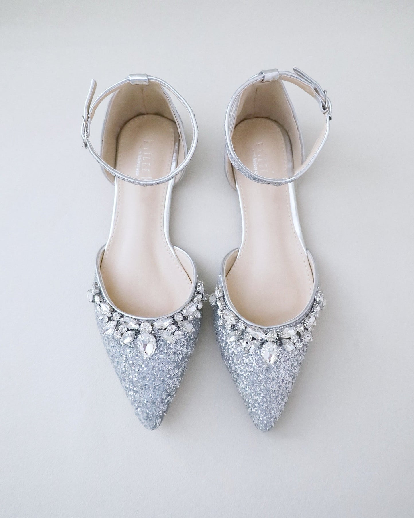 Pointy Toe Glitter Ankle Strap Flats with Teardrop Rhinestones