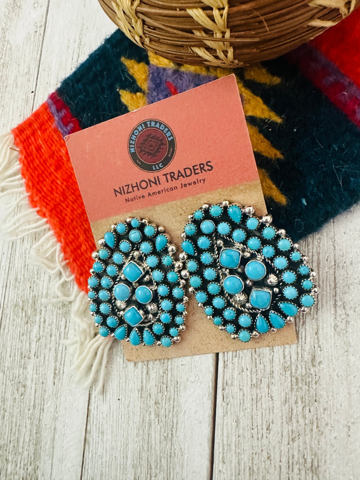 Handcrafted Sleeping Beauty Turquoise & Sterling Silver Cluster Post Earrings