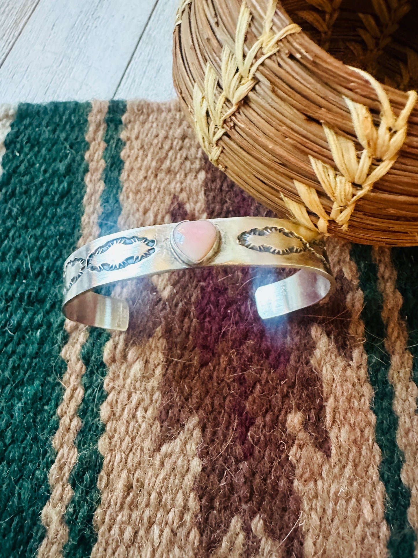 Navajo Queen Pink Conch Shell & Sterling Silver Heart Cuff Bracelet