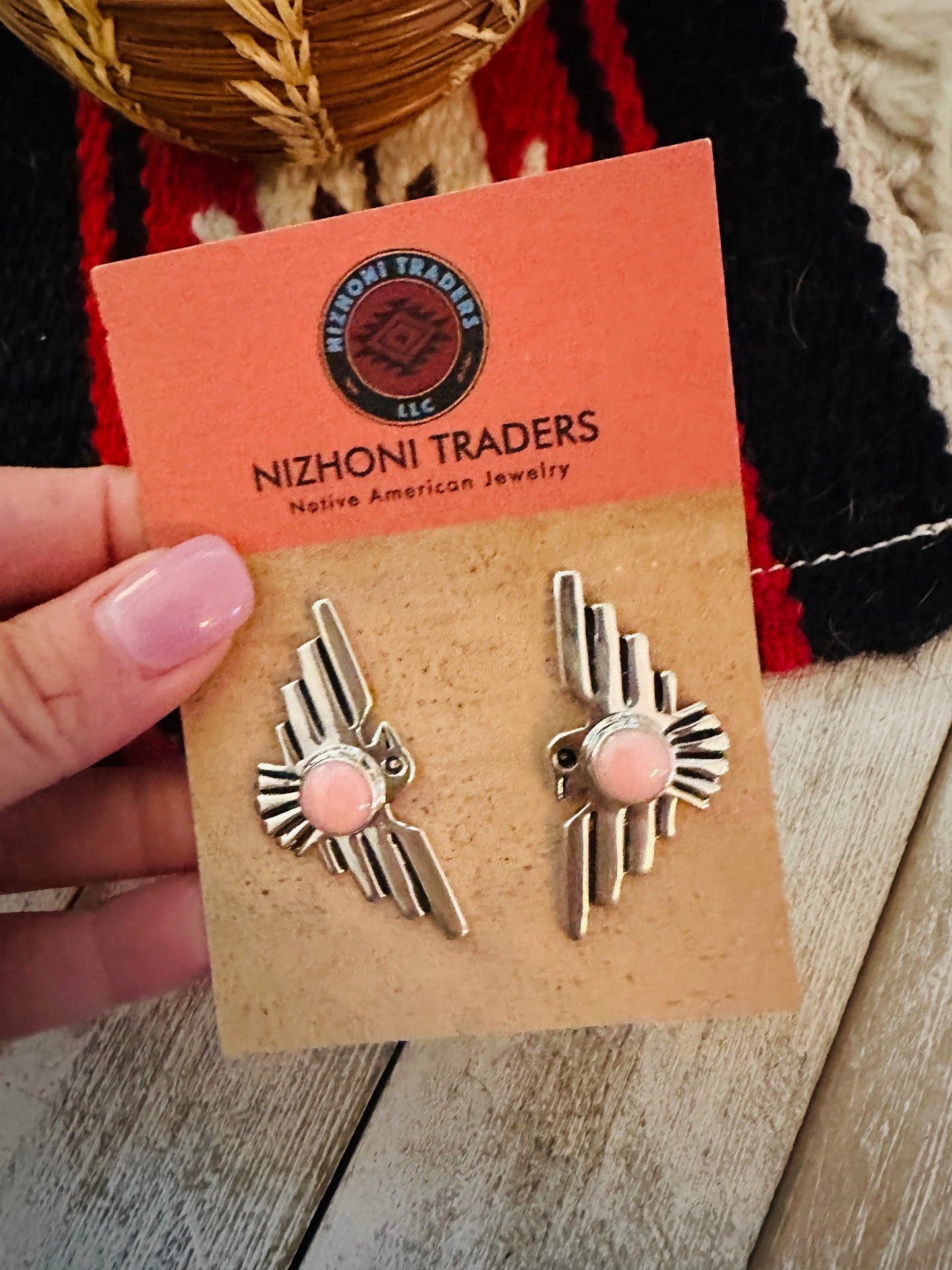 Handcrafted Sterling Silver & Queen Pink Conch Thunderbird Post Earrings
