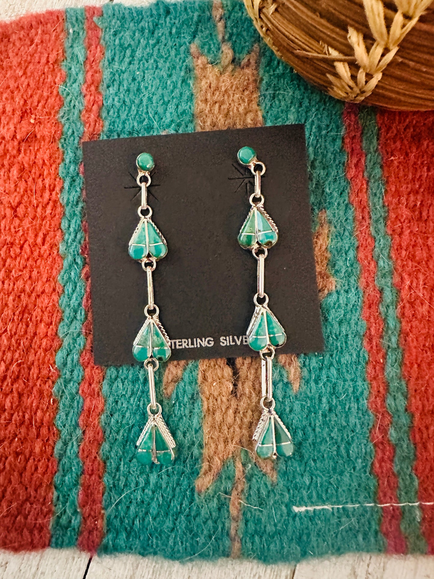 Handcrafted Sterling Silver & Turquoise Inlay Heart Dangle Earrings