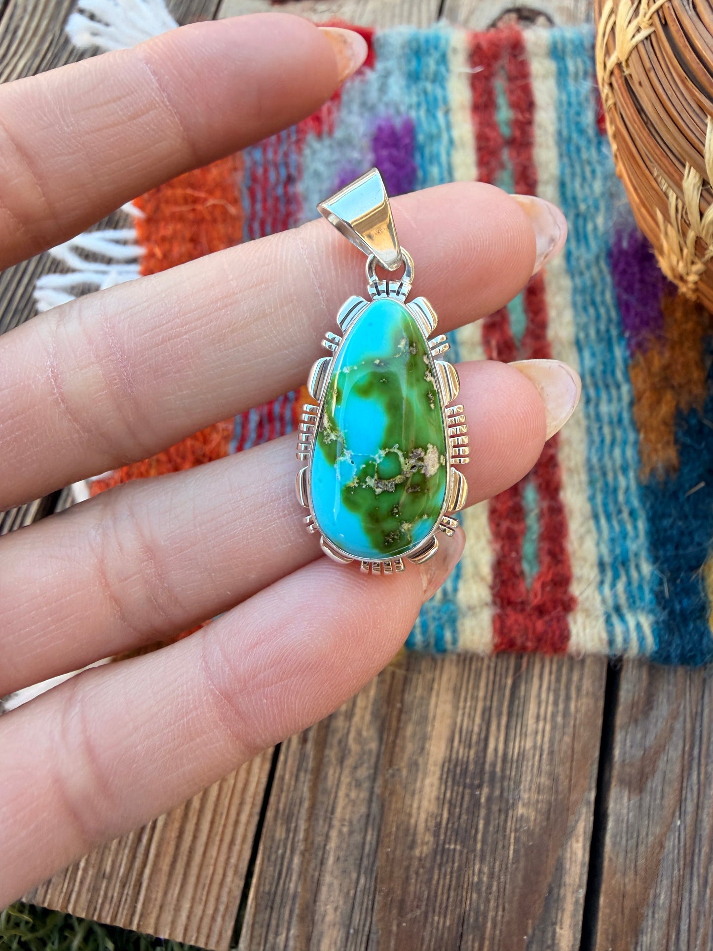 Handcrafted Sterling Silver & Sonoran Mountain Turquoise Pendant by Larry Moses Yazzie