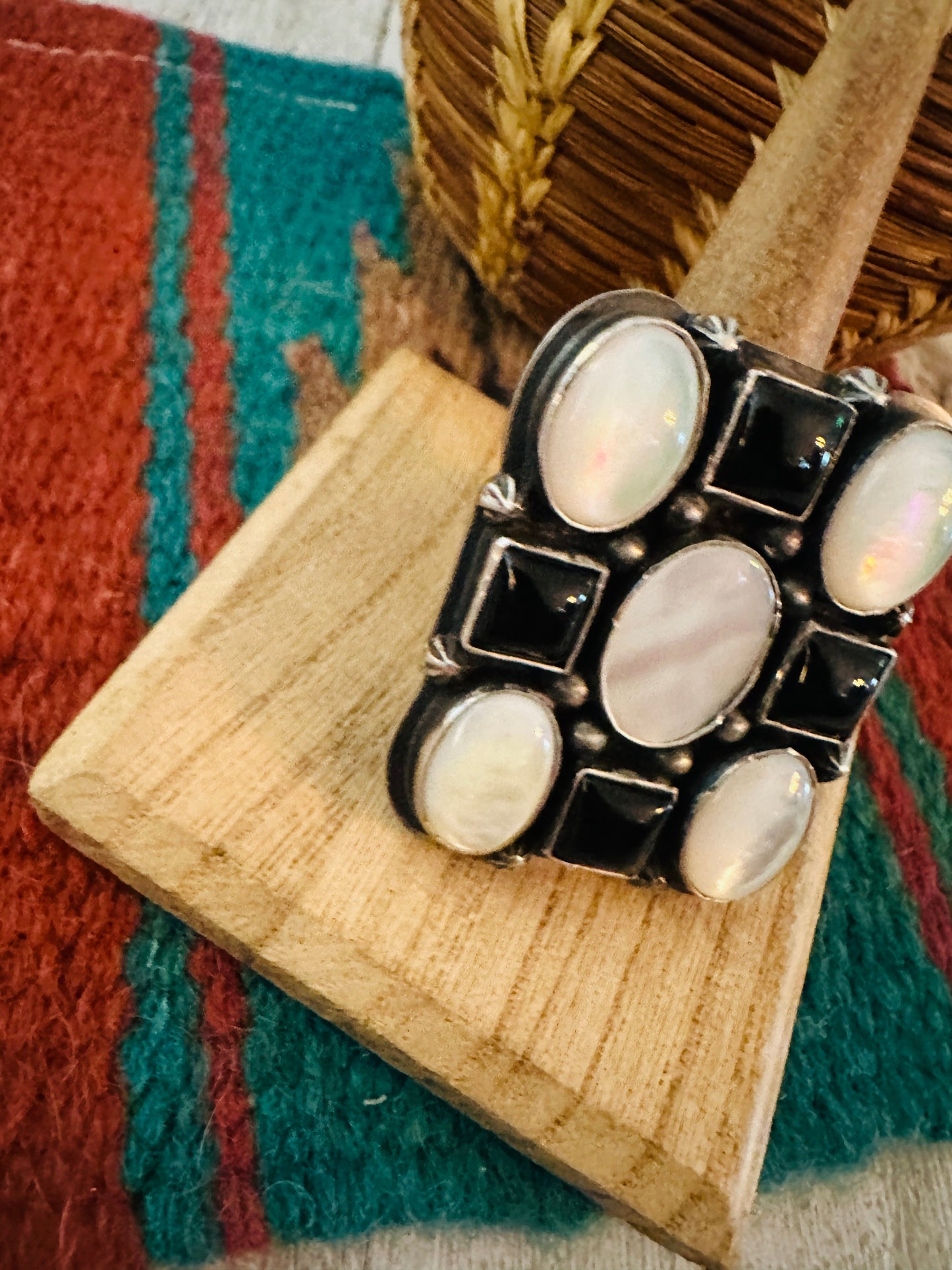 Handcrafted Sterling Silver, Onyx & Mother of Pearl Cluster Adjustable Ring by Charles Johnson