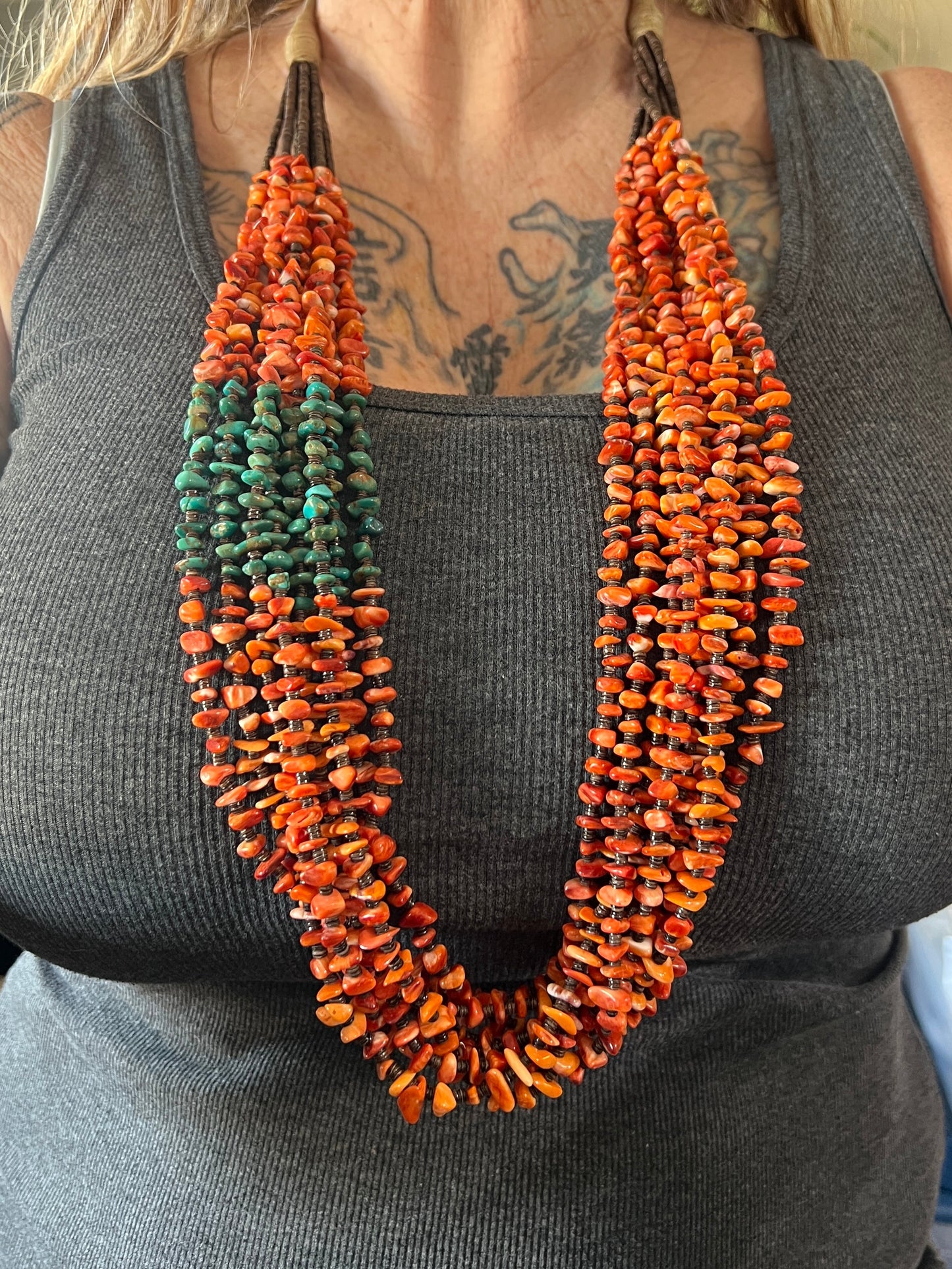 Gorgeous Handcrafted Made Eight Strand Spiny Oyster and Turquoise Beaded Squaw Wrap Necklace by Daniel Coriz