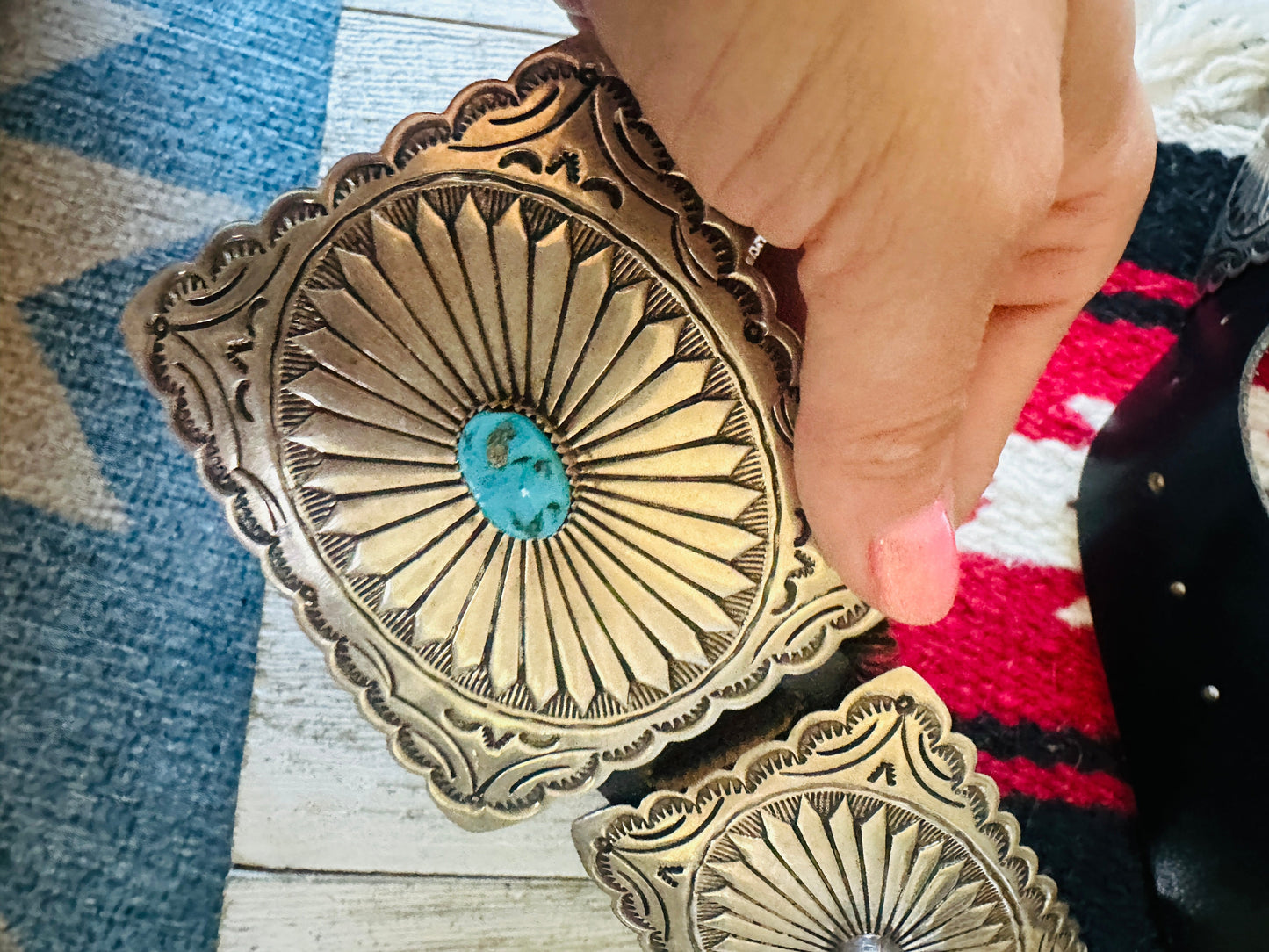 Vintage Black Leather And Sterling Silver Turquoise Concho Belt by Tim Guerro